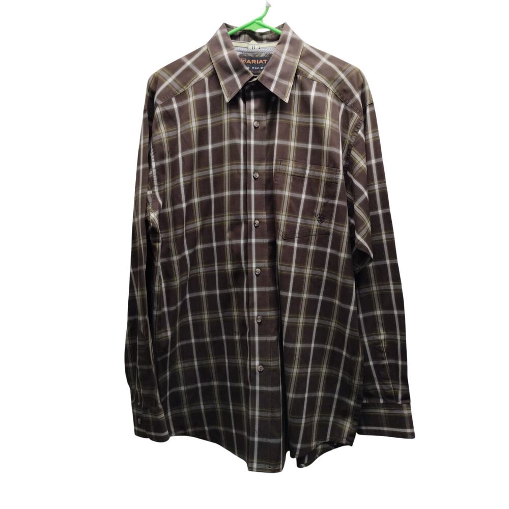 Ariat Mens Size Large Pro Series Brown Plaid Long Sleeve Button Up Classic Shirt